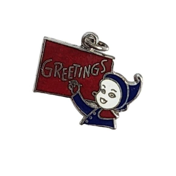 Sterling Jewelry - Vintage Sterling Silver Holiday "Greetings" Red Enamel Charm